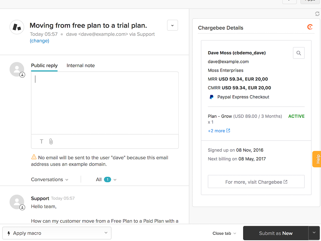 Chargebee dashboard view — eComm and Payments app on the Zendesk Marketplace